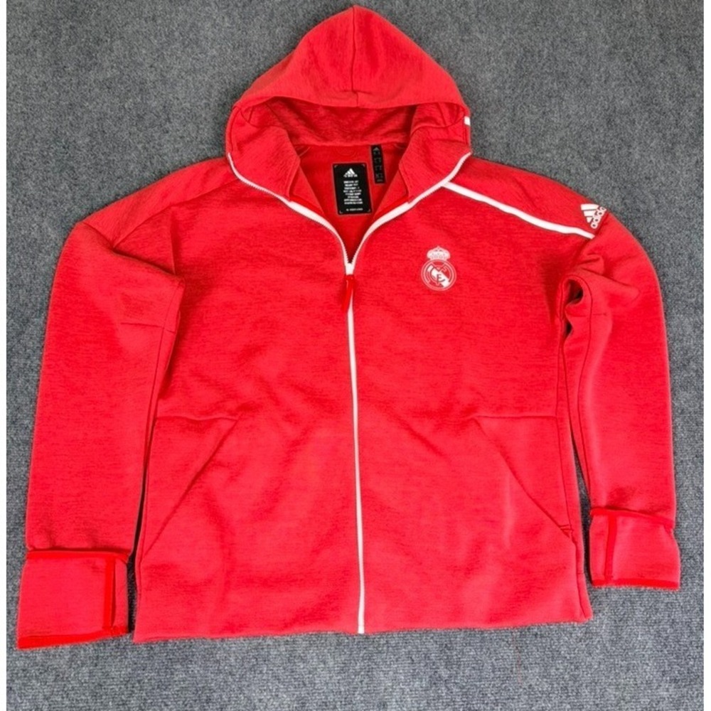 Adidas Real Madrid Z.N.E.Full Zip Hoodie Heathered Red Polyester Blend Size XL